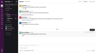 After redesign: Slack message actions with Save for Me and Pin for All