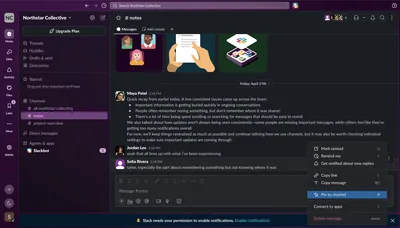 Before redesign: Slack message actions with Saved, Pinned, and Later